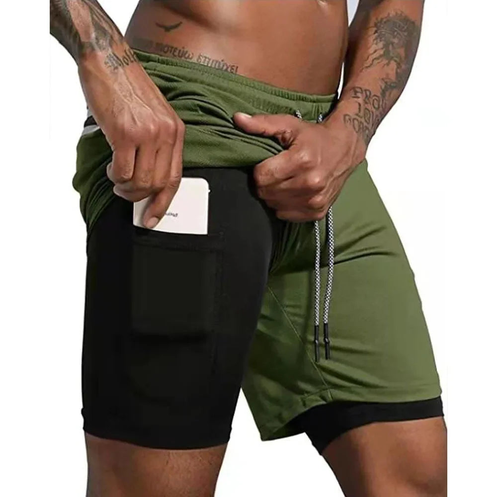 Men Fitness Built-in pocket sports Shorts Summer 2 In 1 Quick Dry Gym Beach shorts Running Double-deck Shorts mesh sweatpants